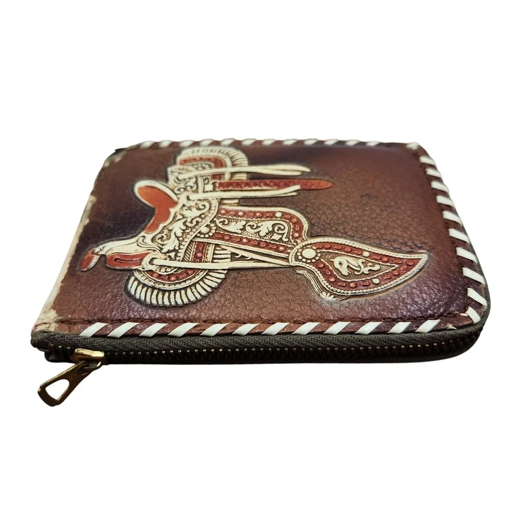 Vintage Tooled Leather Western Wallet Saddle Cowboy Boots Whipstitch Zip Brown